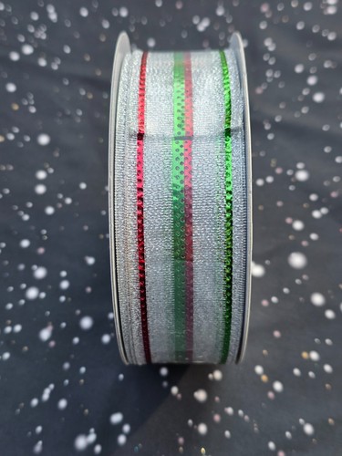 New Christmas Ribbon ROLL 1.5'' x 40 FT Wire Edge silver glitter w/ red & green - Picture 2 of 3