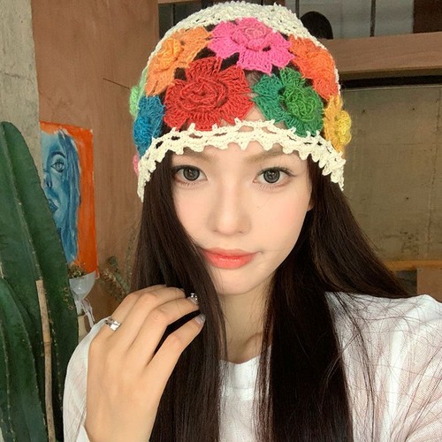 Femme Tricot Bonnet Creux Fleur Chapeau Hand-Crocheted Ethnique Casquette - Bild 7 von 11