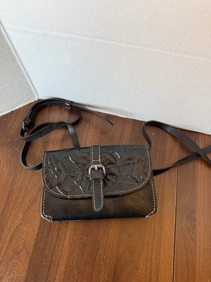 PATRICIA NASH Black Tooled Leather Flap Organizer Crossbody Bag