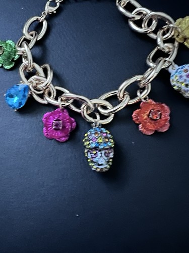 Betsey Johnson Gold Tone Flower & Sugar Skull Charm Bracelet Crystal Halloween - Picture 5 of 8