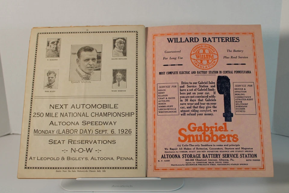 Altoona Speedway 1926 ¡Programa de carreras de autos de 250 millas! Coches de carreras Indy raros: bonitos Foto 4 de 4