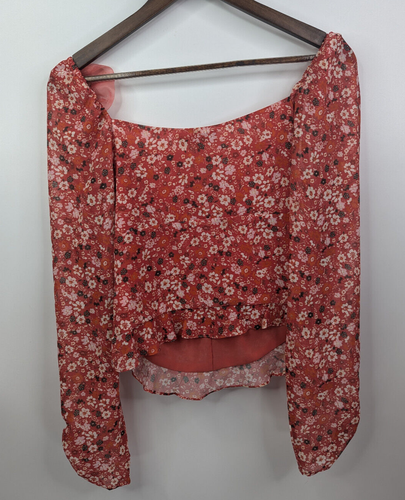NWT Lulus Red Floral Blooming Admiration Ruched Long Sleeve Ruffle Blouse Size M - Picture 3 of 10