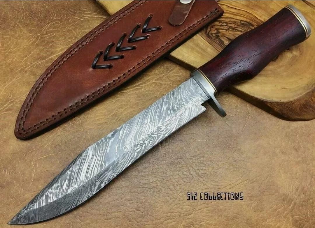 CUSTOM HANDE MADE DAMASCUS KNIFE WOOD HANDLE HANDLE &LEATHER SHEATH