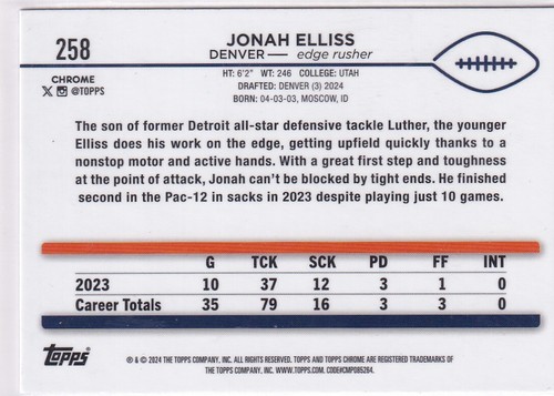 Topps Chrome 2024 NFL No. 258 Jonah Elliss Rookie - Bild 2 von 2