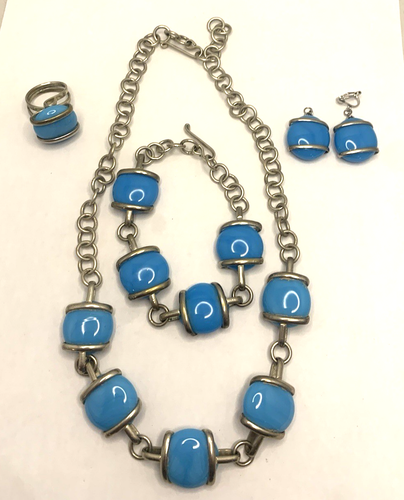 Vtg Taxco Modernist Turquoise Sterling Silver Wrapped Blue Stones 4 pc Set Ring - Picture 2 of 9