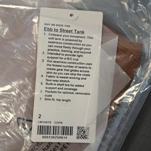 New Lululemon Ebb To Street Tank 2 Copper Brown Slim Fit Built In Bra Stretch.
