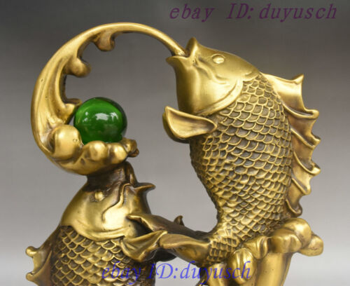 9 Chinese Folk FengShui Brass Two Fish Play Ball On Auspicious Lotus Leaf Statue - Picture 2 of 12