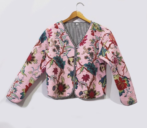 XL Size Floral Print Cotton Quilted Jacket Vintage Reversible V Neck Boho Jacket - Picture 94 of 102