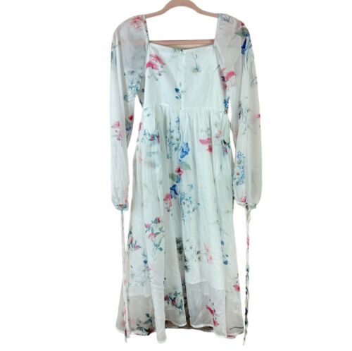 REGENCY STYLE womens XS white blue floral long tie sleeve midi dress w/ pockets - Picture 2 of 4