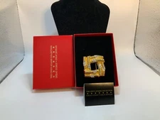 Vintage Cindy Adams  Signed Crystal Square Brooch  Gold Tone