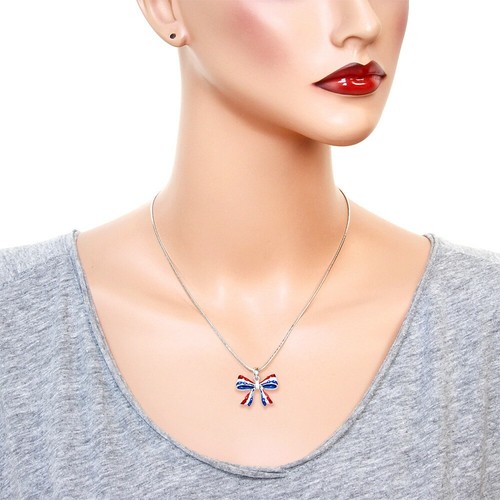 USA FLAG RIBBON Pendant Rhinestone Enamel Charm-17" Necklace-1" Pendant - Picture 3 of 4