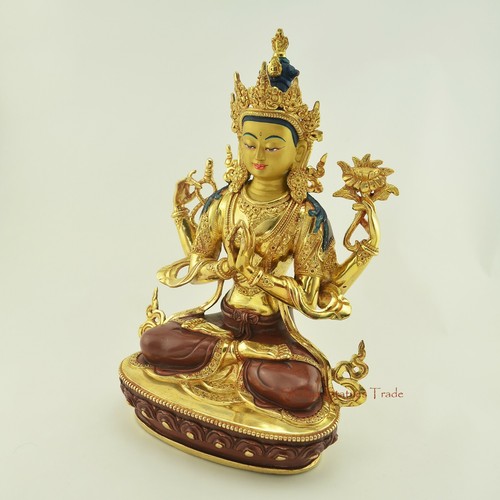 24 K Gold detaillierte handgeschnitzte Chenrezig Avalokeshvara Kupfer Statue Patan Nepal - Bild 3 von 4