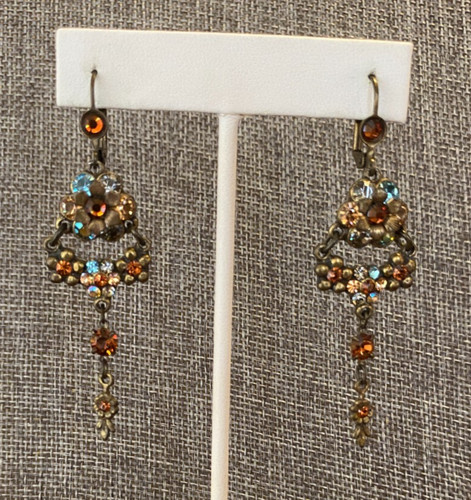 Long Dangle Floral Brown Blue Michael Negrin Crystal Flower Earrings 2.5"