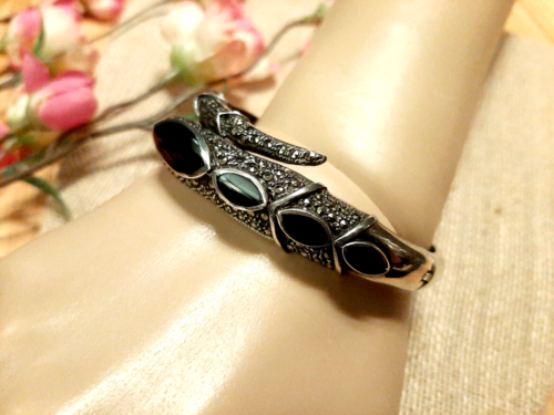 Vintage Sterling Silber Markasit, Onyx Schlange Scharnier Armreif Armband