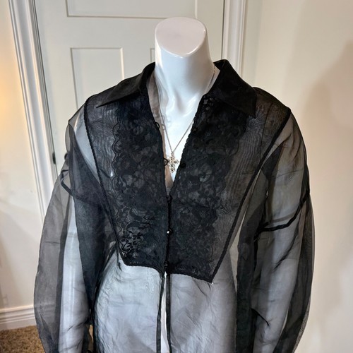 Vintage 90’s OVERSIZED ORGANZA SHIRT w LACE Black Sheer Goth Grunge Button Down - Picture 7 of 9