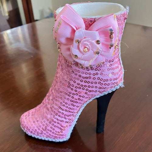 High Heel Shoe Decor Resin & Pink Sequins with Bow 6.5" H Figurine