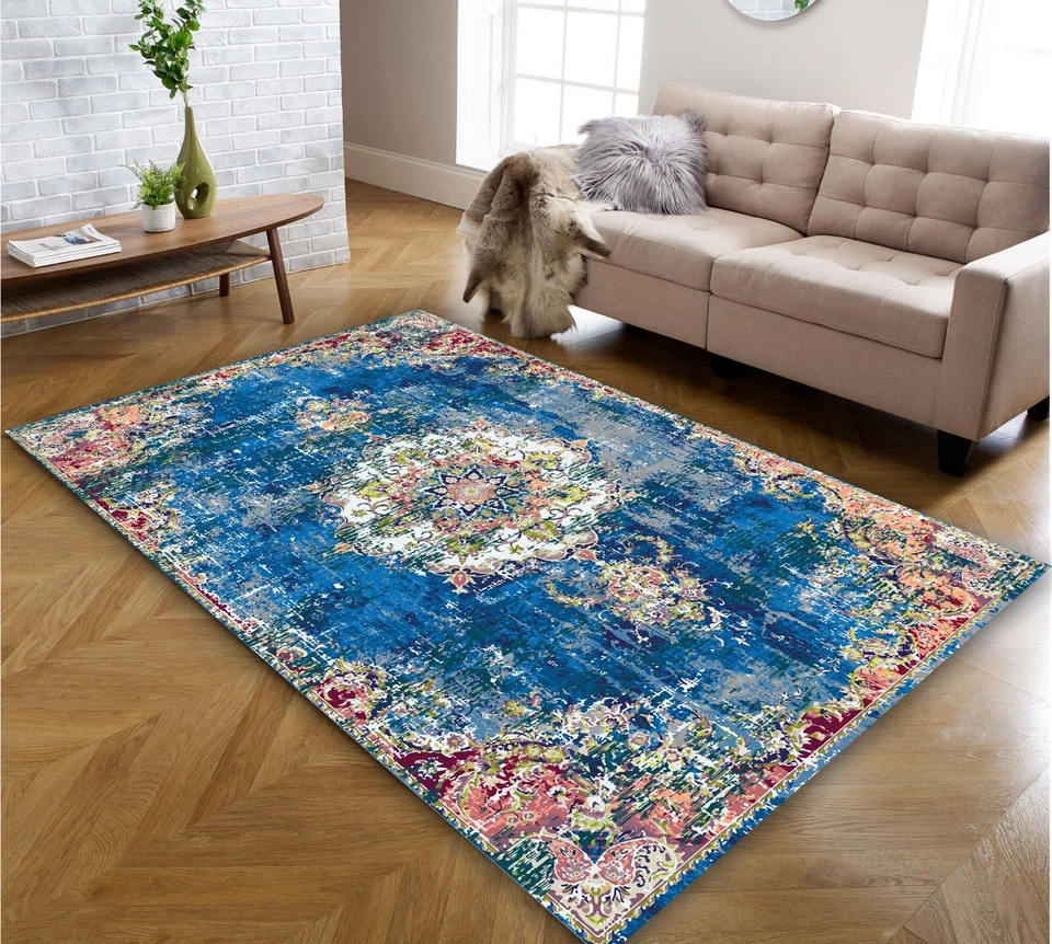 Alfombra de área de estilo bohemio en color azul fresco alfombra lavable para decoración de habitaciones modernas Foto 3 de 4