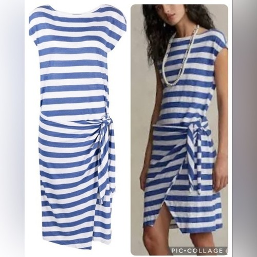 NUOVO abito donna Polo by Ralph Lauren misto lino drappeggiato cravatta laterale a righe taglia XXS