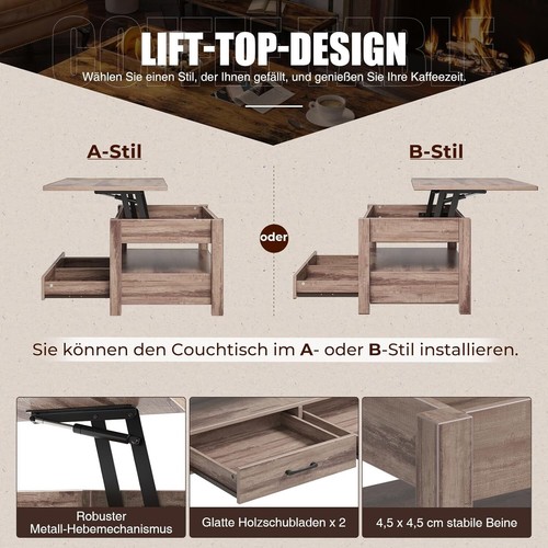 Couchtisch Höhenverstellbar, Couchtisch mit 2 Schublade, Hubplatte, Wohnzimme... - Bild 8 von 11