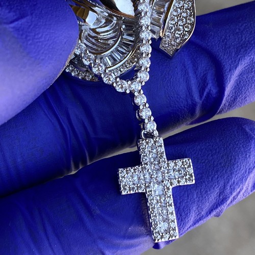 925 Sterling Silver Iced CZ Pendant Pray Praying Hands w/Dangling Rosary Cross - Picture 5 of 12