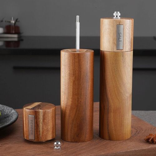 TEOM Wooden Salt and Pepper Grinder Set Acacia Wood & Refillable Manual Herb AU - Picture 4 of 7