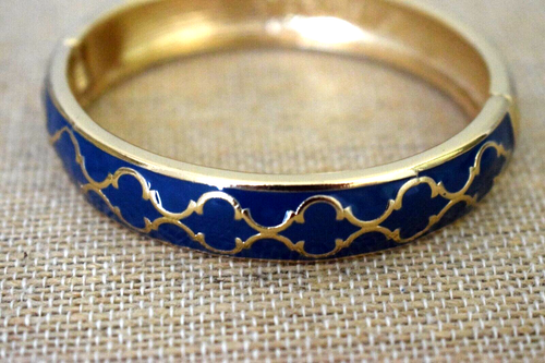 Fornash White & Gold and Blue & Gold Enamel Lattice Bracelets Stamped Set of 2 - Picture 5 of 7