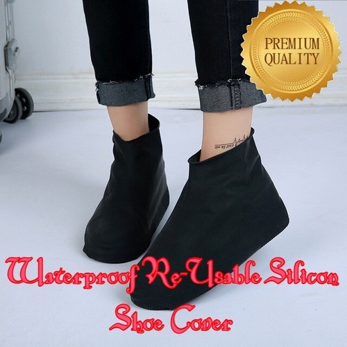 BLACK SILICON WATERPROOF NON-SLIP & RE-USABLE SHOE COVER FOR CYCLING SHOES LARGE - Picture 1 of 8