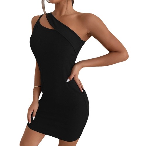 Black Hollow Split Slanted Shoulder Dress Women casual top