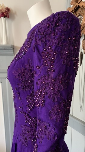 abito midi vintage anni 80 90 con perline viola uva soutache orlo pieghe - Foto 10 di 17