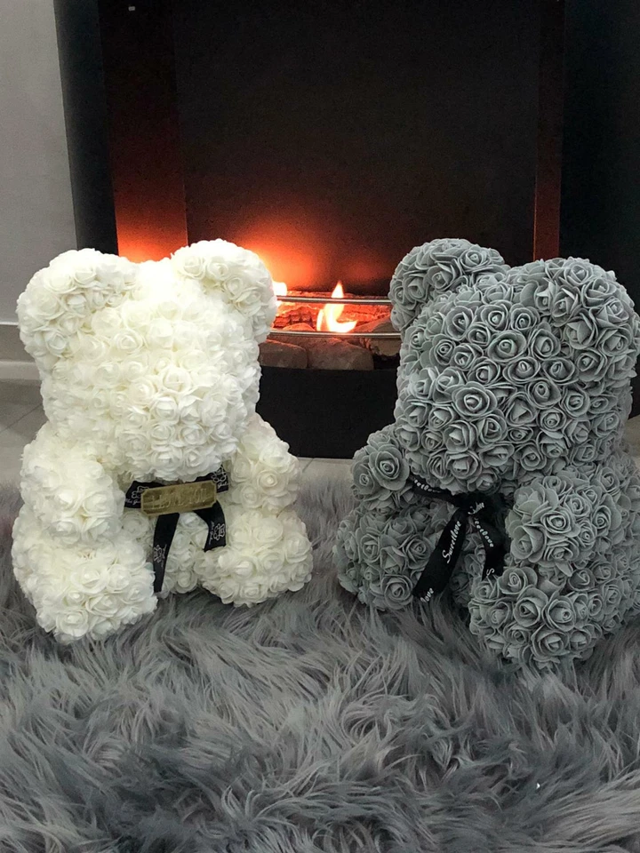 ROMEO&LOVE 2 Rosenbär Teddy Rosen Bär 40cm Weiß Grau Teddybär GRAVUR Valentinstag Geschenk
