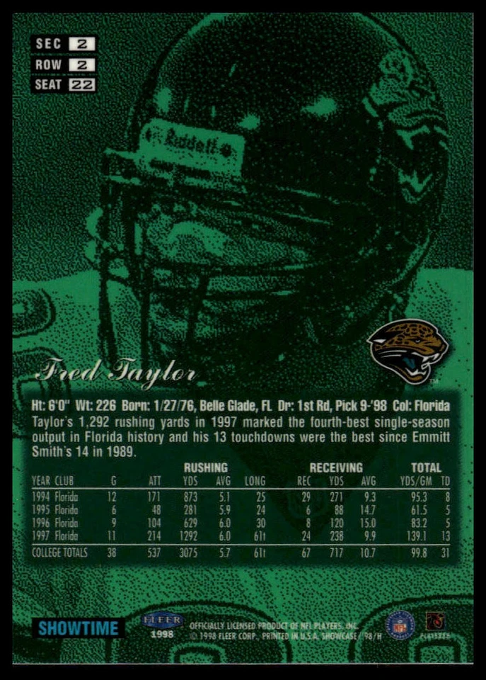 1998 Flair Showcase #22 Fred Taylor Flair Showcase Row 2 (Style) - Image 2 of 2