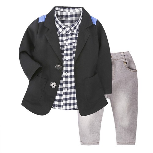 3PCS Baby Boys Dress Suit Coat+Plaids Shirt+Denim Pants Set Kids Clothes Outfits - Picture 3 of 12