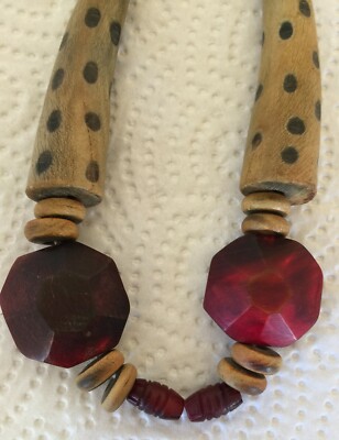 Collier Court Ethnique Années 70 - Bois Et Fonte De Verre - Longueur 49 Cm - Occasion