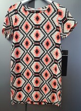 Aztec Print Shift Summer Mini Dress Women Ladies S UK 8 Back Zip Multicoloured 