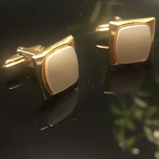 Mother of Pearl White & Gold Tone Vintage Sophos  Cuff Links