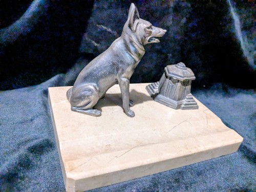 Antiker Schreibtischständer Kunsthandwerk Marmor & Spelter Elsässer Deutscher Schäferhund - Bild 11 von 14
