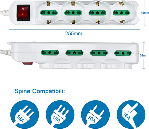 Extrastar Multipresa 12 Posti 4 Polivalenti (Schuko 10/16A) 8 Bivalenti 10/16A, - Zdjęcie 3 z 7