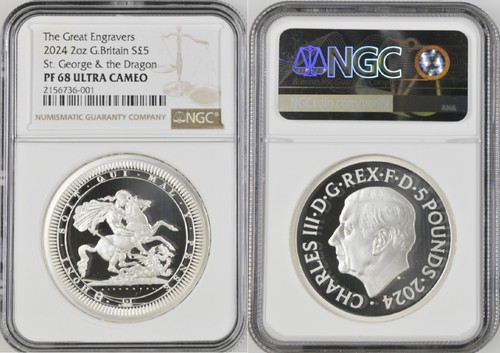 Großbritannien 5 £ 2024 Great Engravers ST GEORGE AND THE DRAGON 2oz Silbermünze NGC PF68 UC