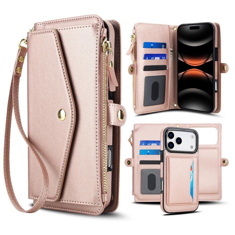 For iPhone 17 Pro Air 17  max Leather Wallet Zipper Magnetic flip back case - Image 2 of 4