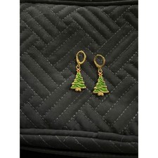 Christmas Tree Dangle Drop Earrings Gold Holiday Season Festive Jewelry