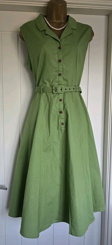 Collectif Vintage 1950s Style Green Cotton Linen Belted Tea Dress UK 14 TWINWOOD - Picture 2 of 7