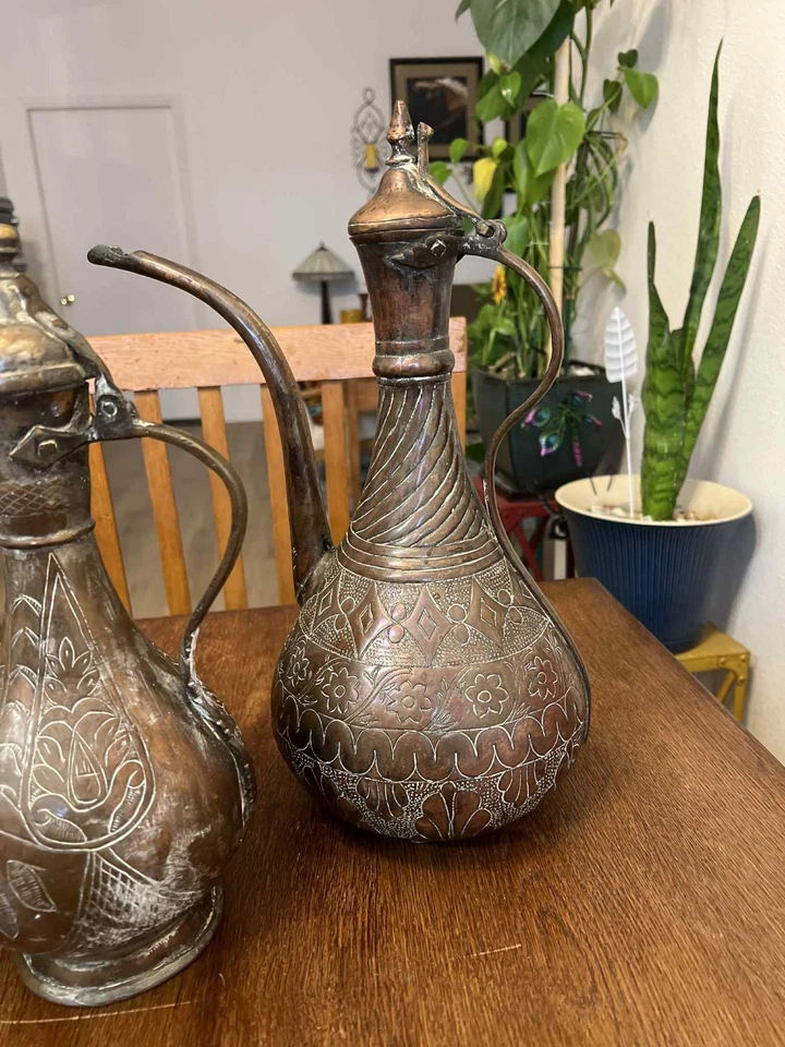 Lot of 4 Antique Middle Eastern Copper & Brass Ewers Water Pot Hand Engraved - Image 3 of 4