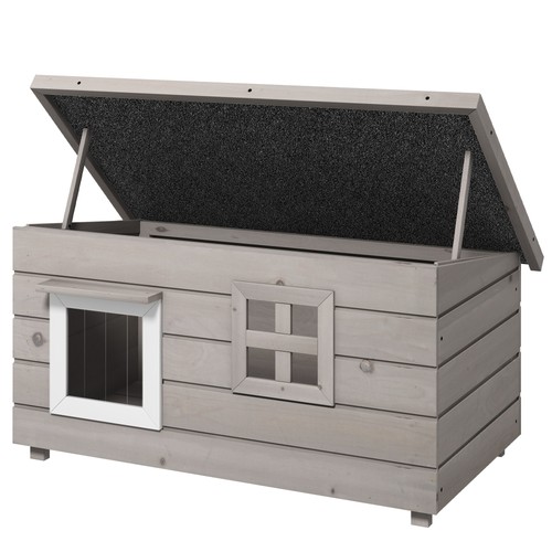 PawHut Outdoor Cat House with Openable Top, Asphalt Roof, Window, Grey - Picture 8 of 11