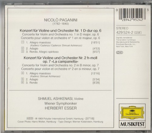 Paganini Violin Concertos Nos. 1 & 2 La Campanella Shmuel Ashkenasi CD#35 - Picture 2 of 2