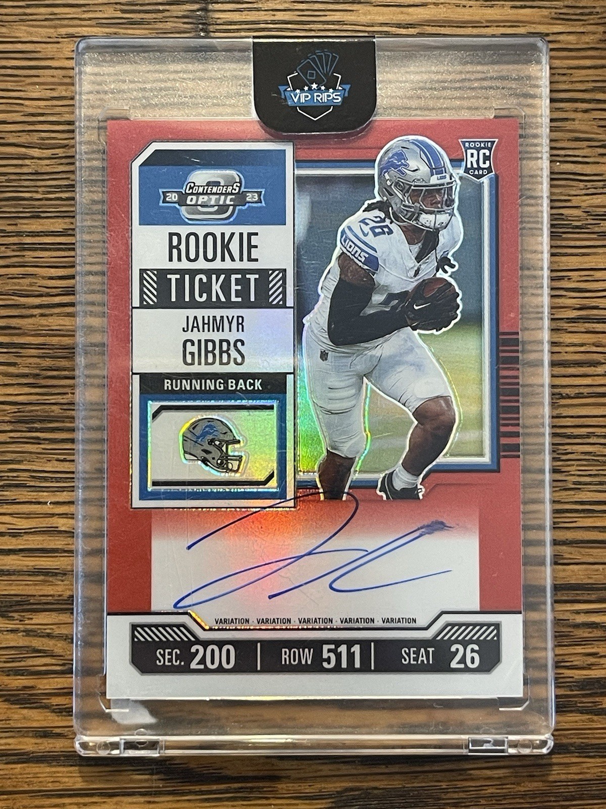 2023 Contenders Optic Jahmyr Gibbs Red Rookie Ticket Auto Variation /99
