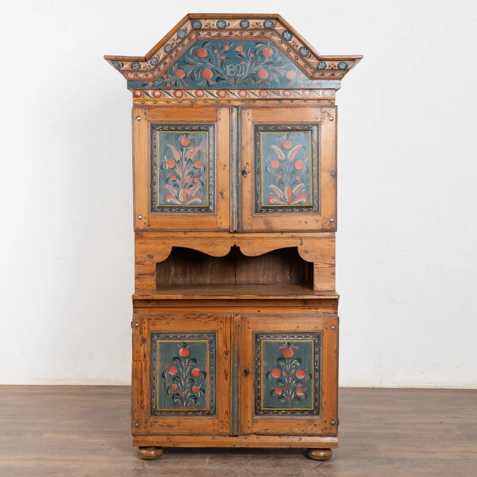 Original Blue Painted Swedish Pine Dalarna Cabinet Cupboard dated 1821 - Image 3 of 4