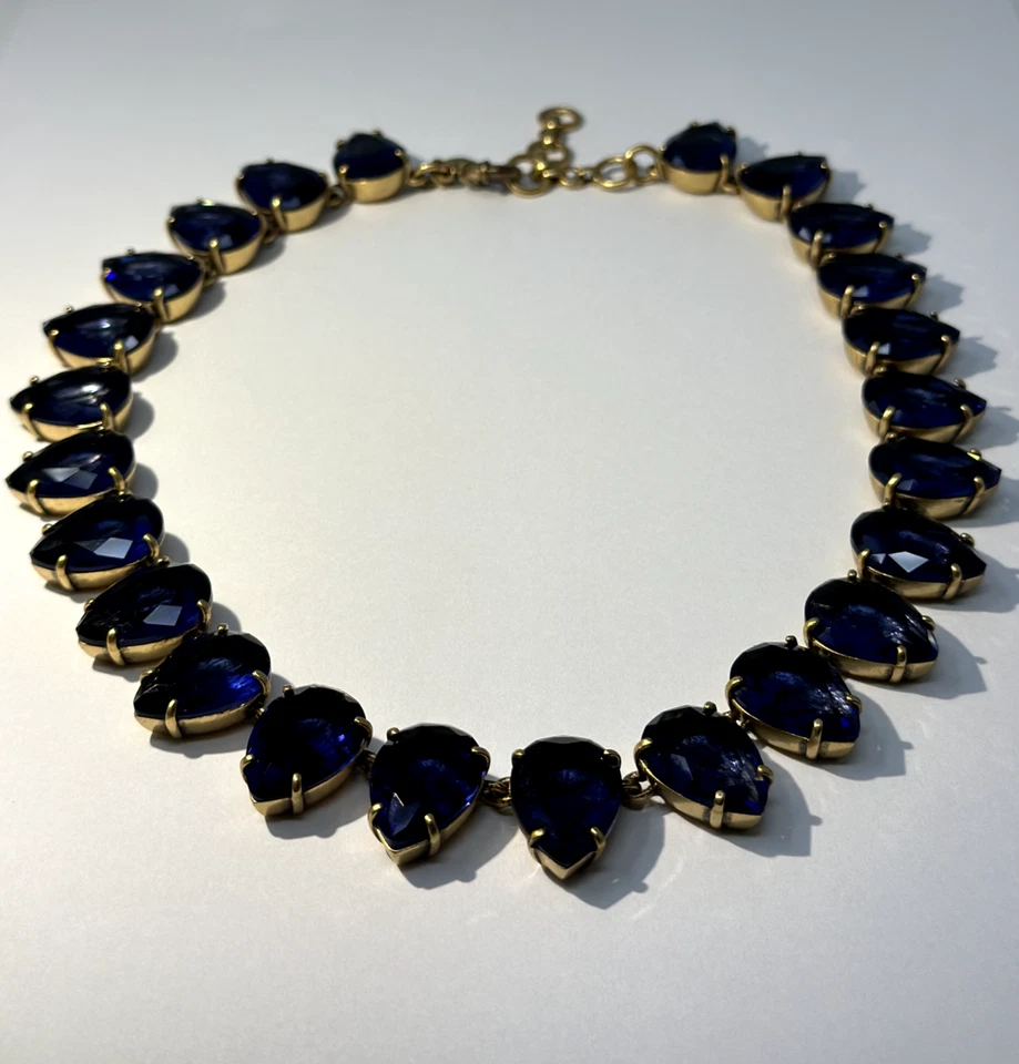 JCrew Runway Statement Necklace Sapphire Blue Teardrop Faceted Crystal Gold Tone - Image 2 of 4