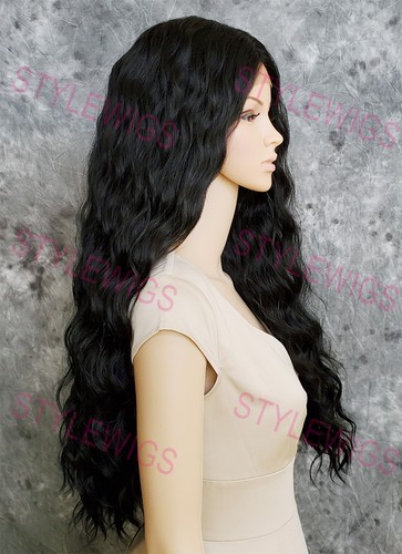 Jet Black Long Deep Wavy Curls Heat Safe Lace Front Human Hair Blend Wig EVEF - Picture 3 of 9