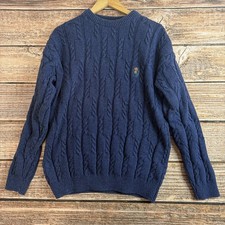 FLAW-Chaps Ralph Lauren Cable Knit Jumper Blue Mens Large Crest Logo 100 Cotton