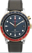 Timex Watch Mens Waterbury GMT Black Leather Strap TW2U90500 RRP £180